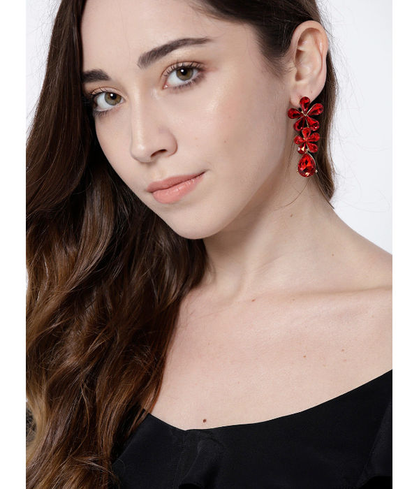 YouBella Red Gold-Plated Stone-Studded Floral Drop Earrings