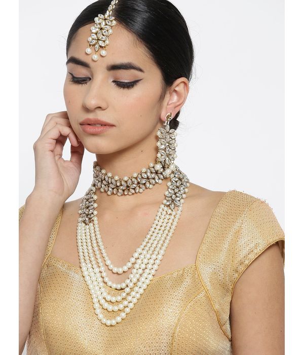 YouBella Antique Gold-Toned  Off-White Stone-Studded Layered Jewellery Set