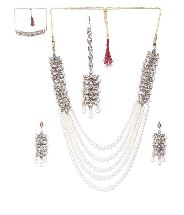 YouBella Antique Gold-Toned  Off-White Stone-Studded Layered Jewellery Set