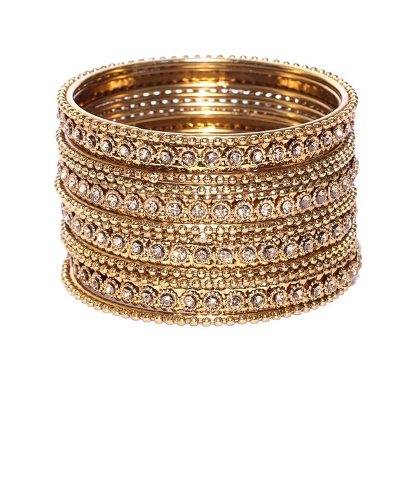 YouBella Set of 12 Antique Gold-Toned Textured Stone-Studded Bangles