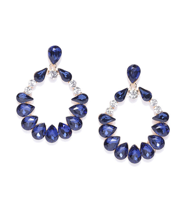 YouBella Navy Gold-Plated Stone-Studded Oval Drop Earrings