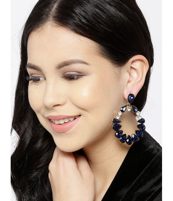 YouBella Navy Gold-Plated Stone-Studded Oval Drop Earrings