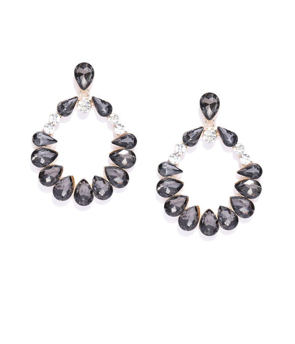 YouBella Black Gold-Plated Stone-Studded Oval Drop Earrings