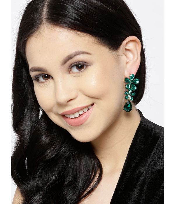 YouBella Green Gold-Plated Stone-Studded Floral Drop Earrings