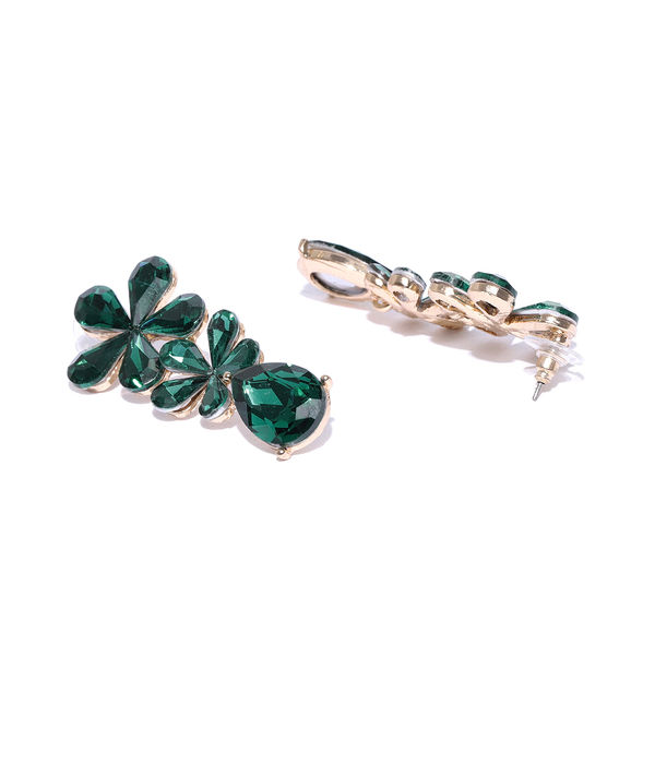 YouBella Green Gold-Plated Stone-Studded Floral Drop Earrings