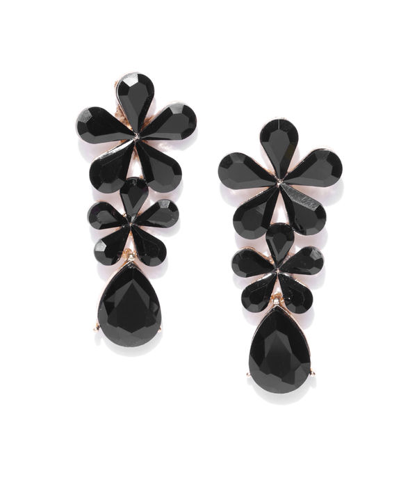 YouBella Black Gold-Plated Stone-Studded Floral Drop Earrings