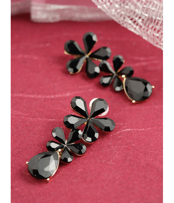 YouBella Black Gold-Plated Stone-Studded Floral Drop Earrings