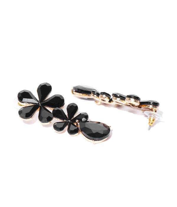 YouBella Black Gold-Plated Stone-Studded Floral Drop Earrings