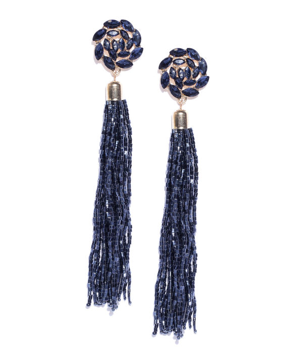 YouBella Navy Gold-Plated Stone-Studded Floral-Shaped Tasselled Drop Earrings