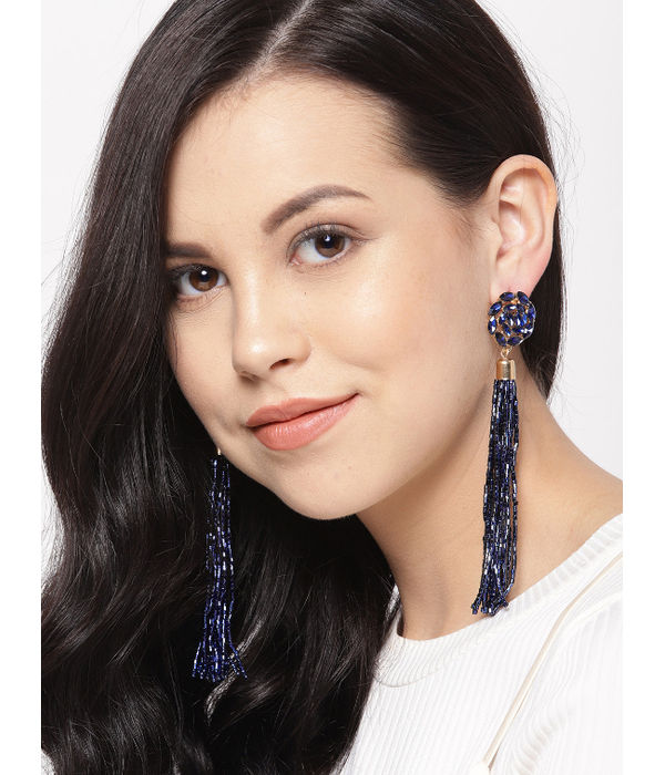 YouBella Navy Gold-Plated Stone-Studded Floral-Shaped Tasselled Drop Earrings