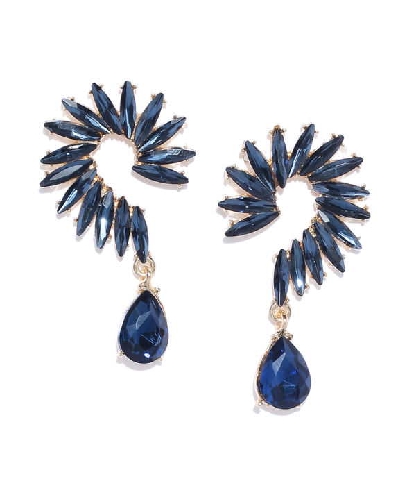 YouBella Navy Blue Gold-Plated Stone-Studded Contemporary Drop Earrings