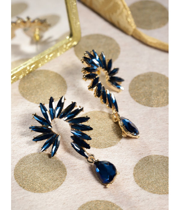 YouBella Navy Blue Gold-Plated Stone-Studded Contemporary Drop Earrings