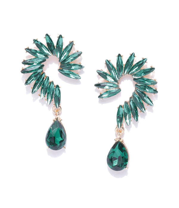 YouBella Green Gold-Plated Stone-Studded Contemporary Drop Earrings