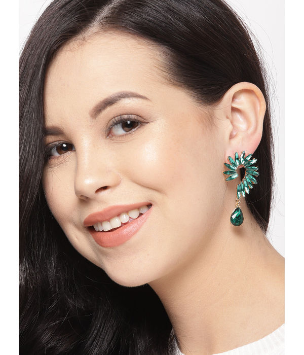 YouBella Green Gold-Plated Stone-Studded Contemporary Drop Earrings