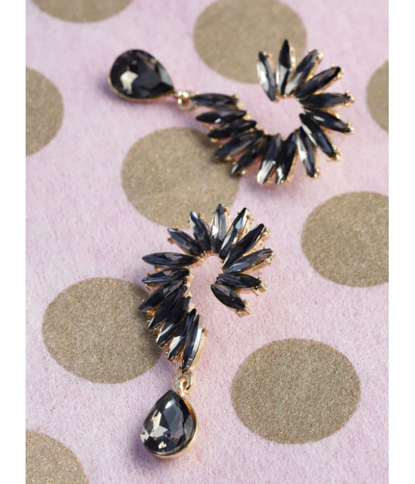 YouBella Black Gold-Plated Stone-Studded Contemporary Drop Earrings