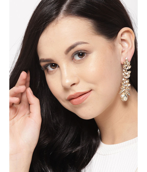 YouBella Gold-Plated Stone-Studded Leaf Shaped Drop Earrings