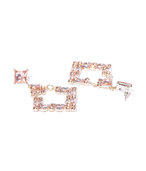 YouBella Peach-Coloured Gold-Plated Stone-Studded Geometric Drop Earrings