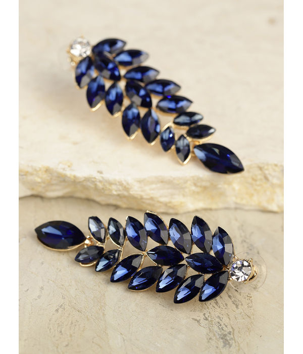 YouBella Navy Gold-Plated Stone-Studded Leaf-Shaped Drop Earrings