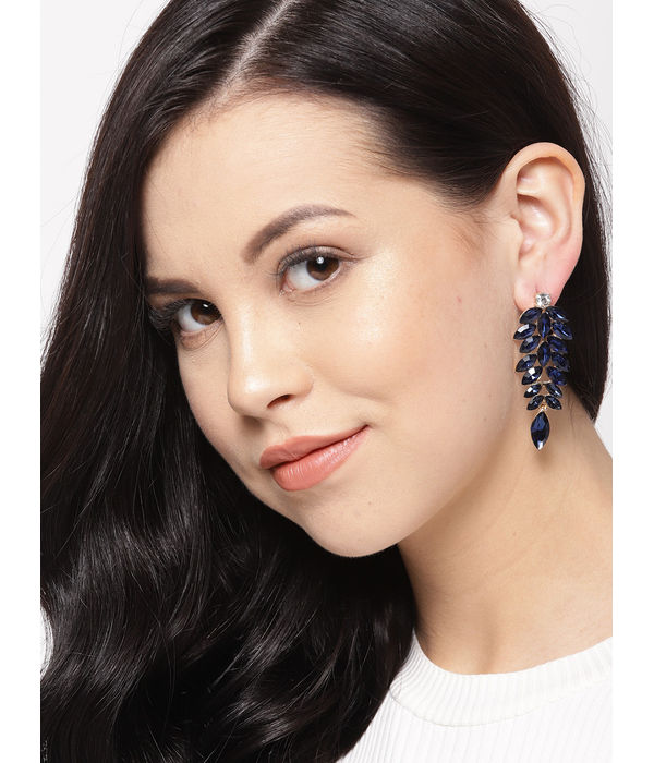 YouBella Navy Gold-Plated Stone-Studded Leaf-Shaped Drop Earrings