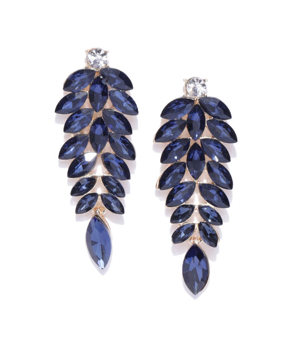 YouBella Navy Gold-Plated Stone-Studded Leaf-Shaped Drop Earrings