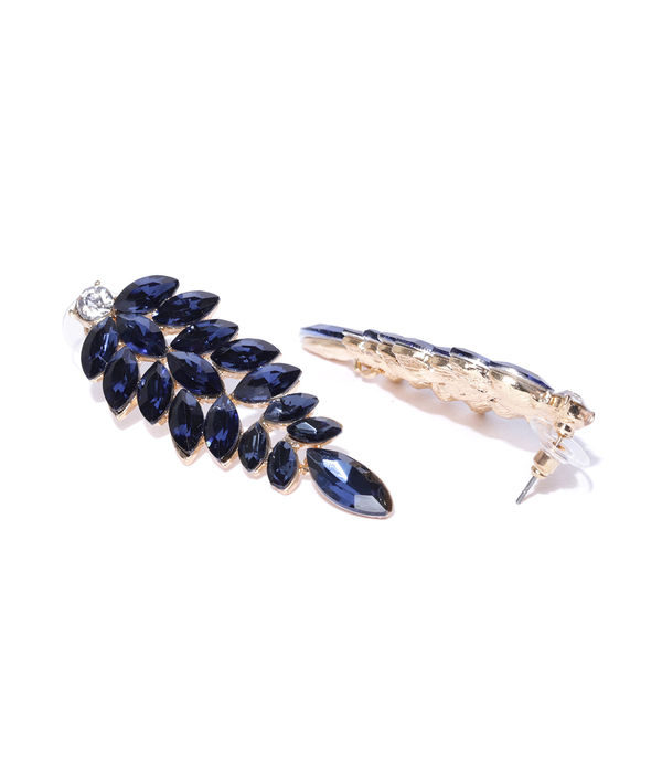 YouBella Navy Gold-Plated Stone-Studded Leaf-Shaped Drop Earrings