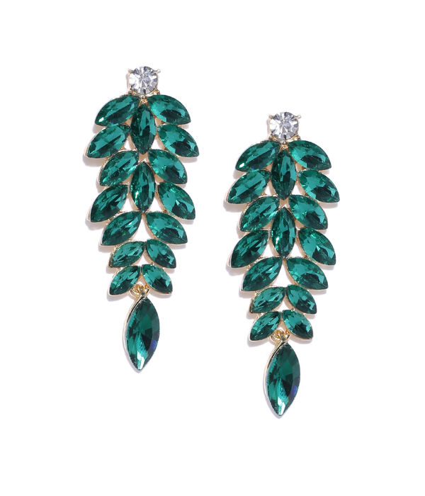 YouBella Green Gold-Plated Stone-Studded Leaf Shaped Drop Earrings