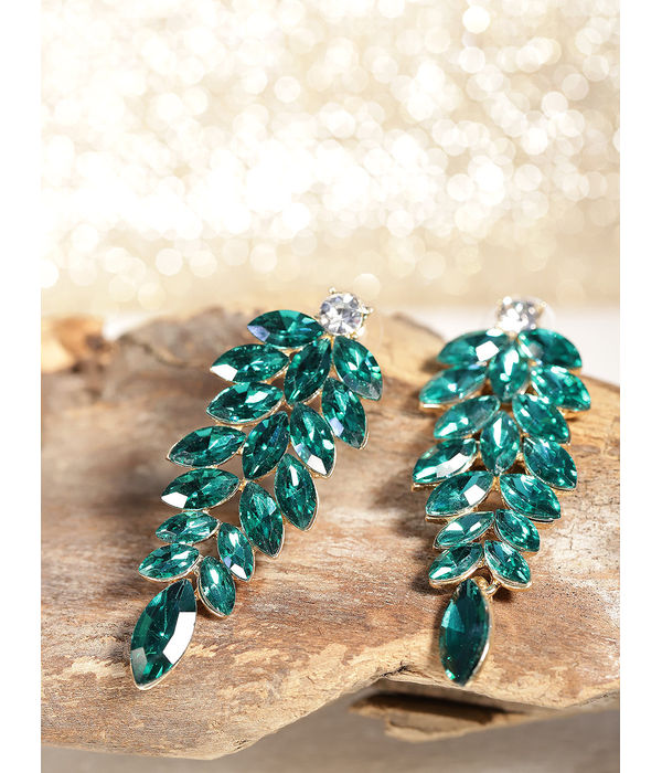 YouBella Green Gold-Plated Stone-Studded Leaf Shaped Drop Earrings