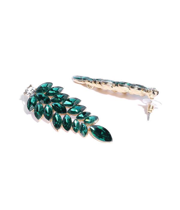 YouBella Green Gold-Plated Stone-Studded Leaf Shaped Drop Earrings