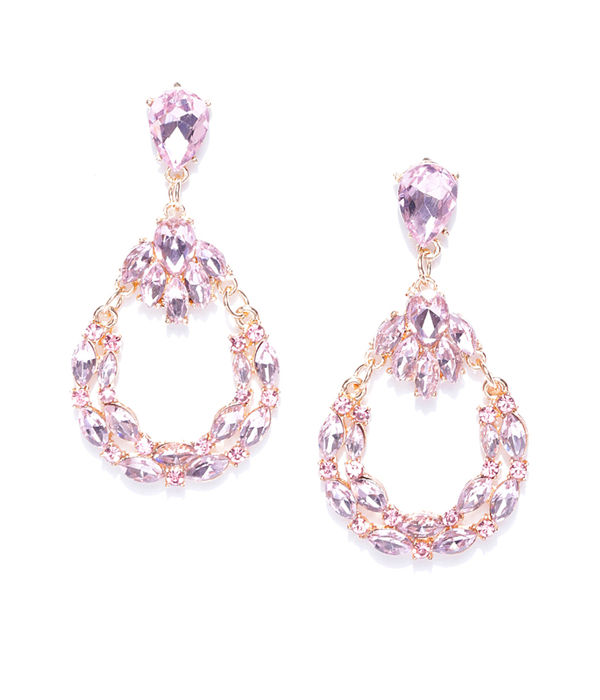 YouBella Pink Gold-Plated Stone-Studded Oval Drop Earrings