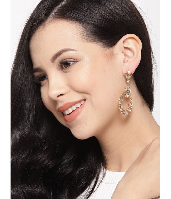 YouBella Gold-Plated Stone-Studded Teardrop Shaped Drop Earrings