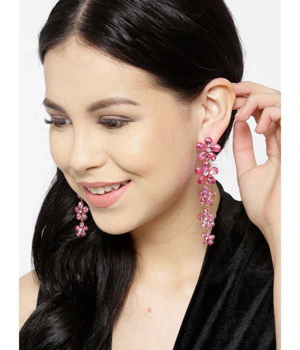 YouBella Pink Gold-Plated Stone-Studded Floral Drop Earrings