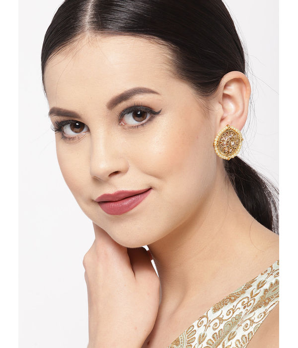 YouBella Antique Gold-Plated Off-White Stone-Studded Beaded Circular Studs