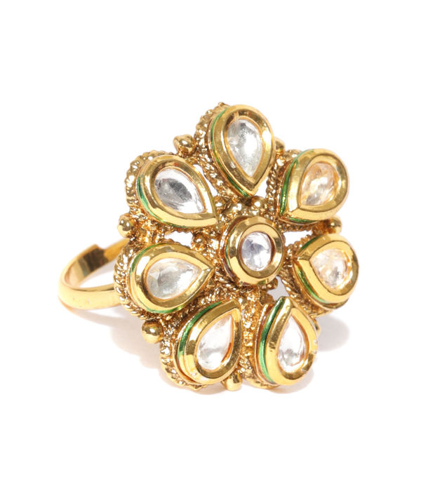 YouBella Women Gold-Plated Stone-Studded Floral Adjustable Ring