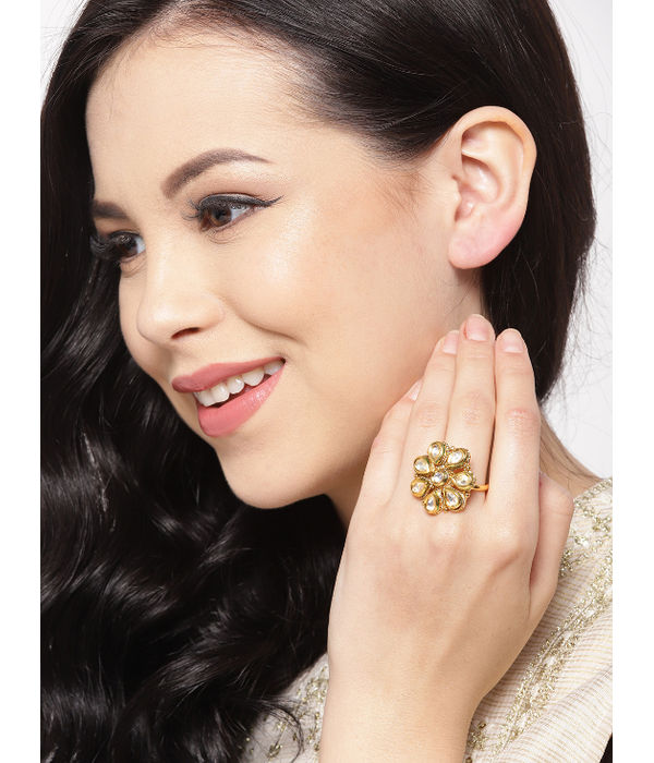 YouBella Women Gold-Plated Stone-Studded Floral Adjustable Ring