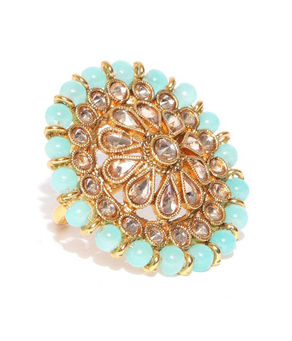 YouBella Women Turquoise Blue Gold-Plated Stone-Studded Floral Adjustable Ring