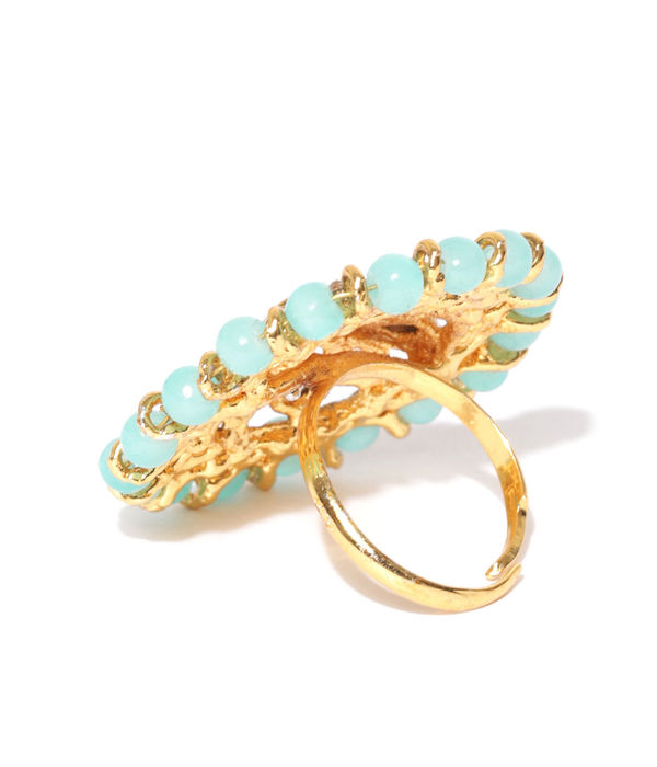 YouBella Women Turquoise Blue Gold-Plated Stone-Studded Floral Adjustable Ring