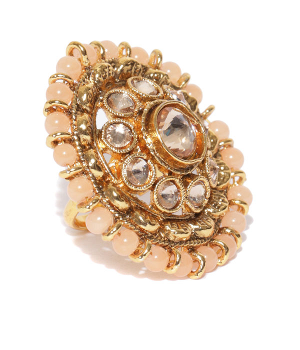 YouBella Peach-Coloured Gold-Plated Stone-Studded Adjustable Ring