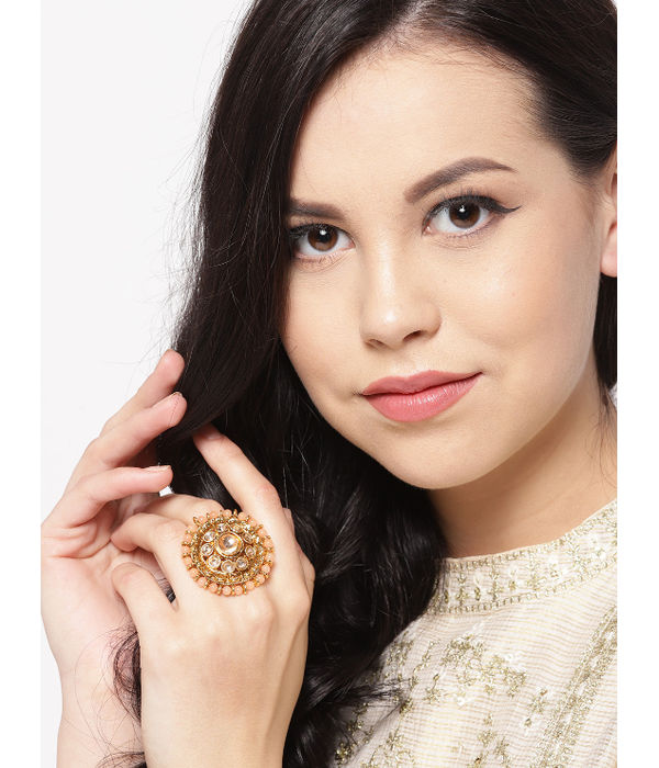 YouBella Peach-Coloured Gold-Plated Stone-Studded Adjustable Ring