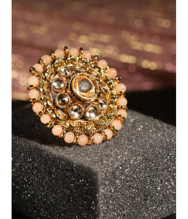 YouBella Peach-Coloured Gold-Plated Stone-Studded Adjustable Ring