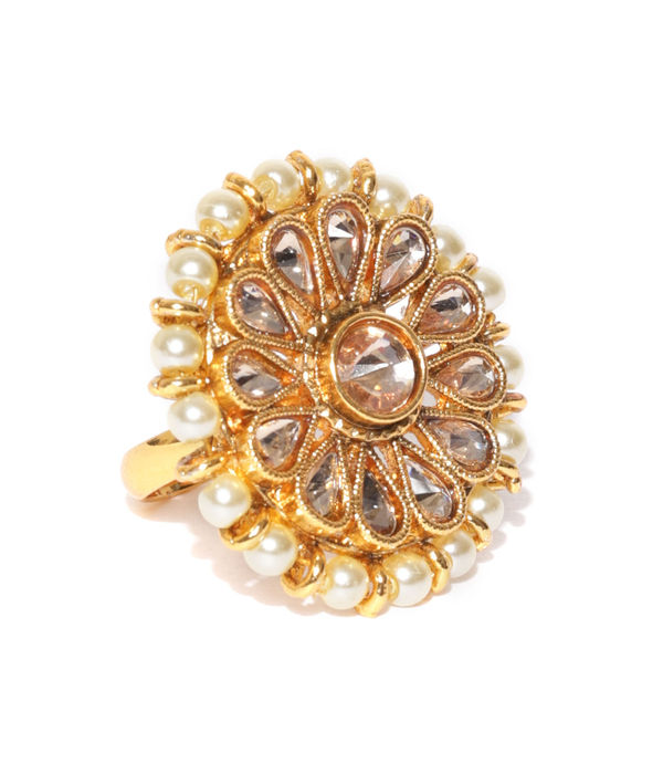 YouBella Off-White Gold-Plated Stone-Studded Floral Adjustable Ring