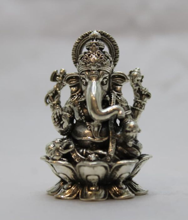 Antique Silver Lord Ganesha Sittting on a Lotus Idol
