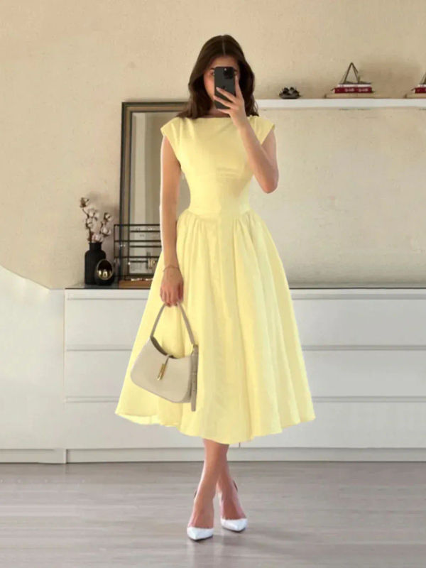 Cap Sleeve Fit & Flare A-Line Midi Dress in Vanilla