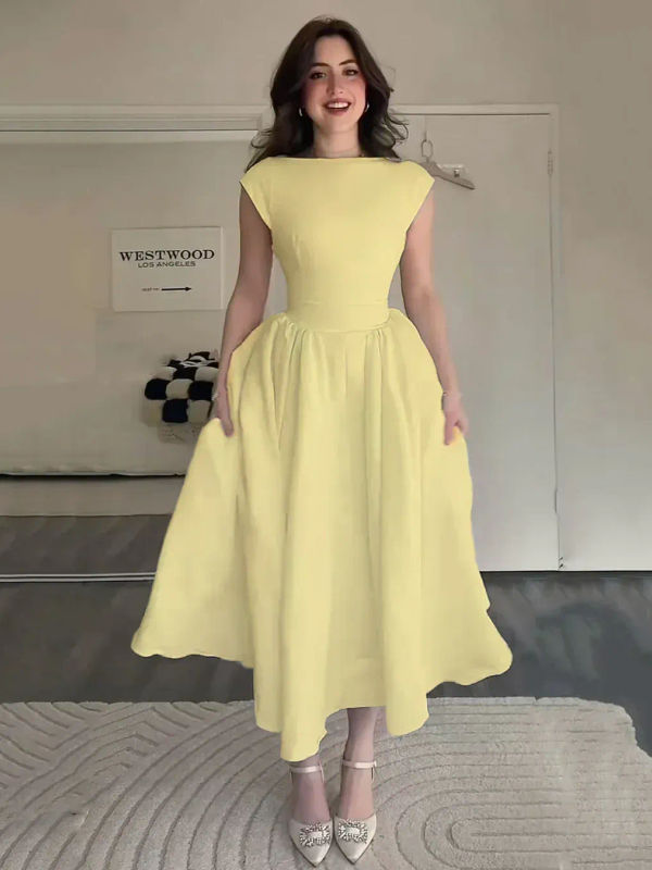 Cap Sleeve Fit & Flare A-Line Midi Dress in Vanilla