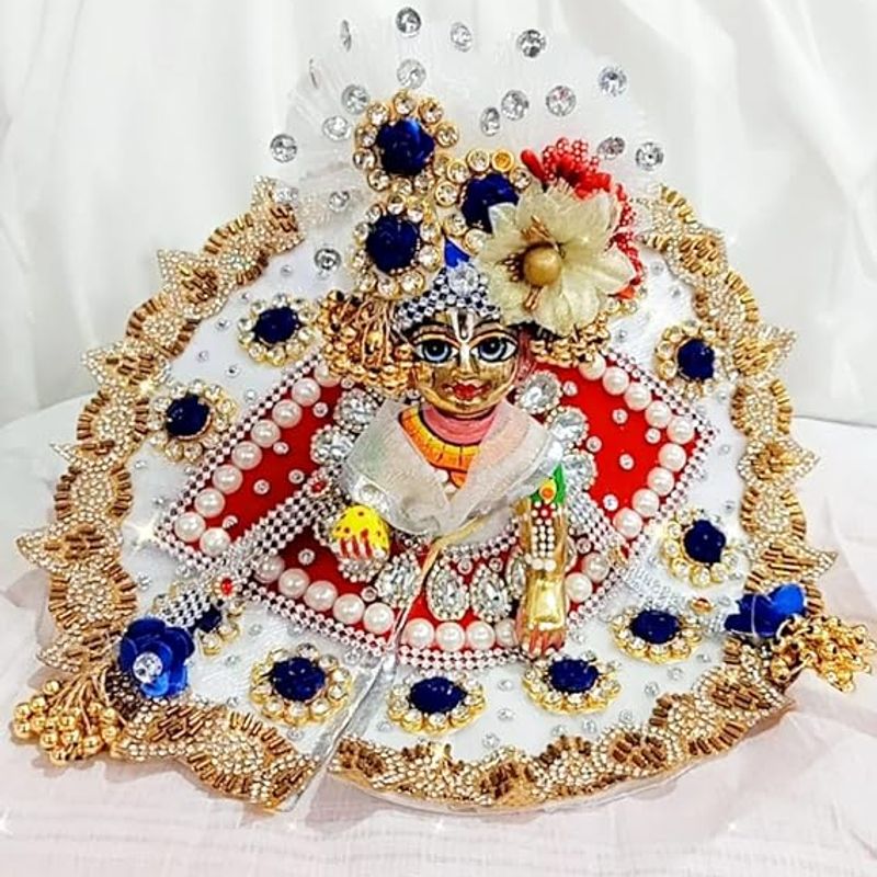 Partish Laddu Gopal Dress with Mukut and Patka l Ladoo Gopal Dress l Bal Gopal l Kanha Ji Thakur Ji Heavy Dress Size 0 1 2 3 4 5 6 7 8 (White, Size 1)