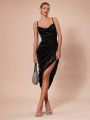 Draped Bodycon Cowl Neck Dress in Black