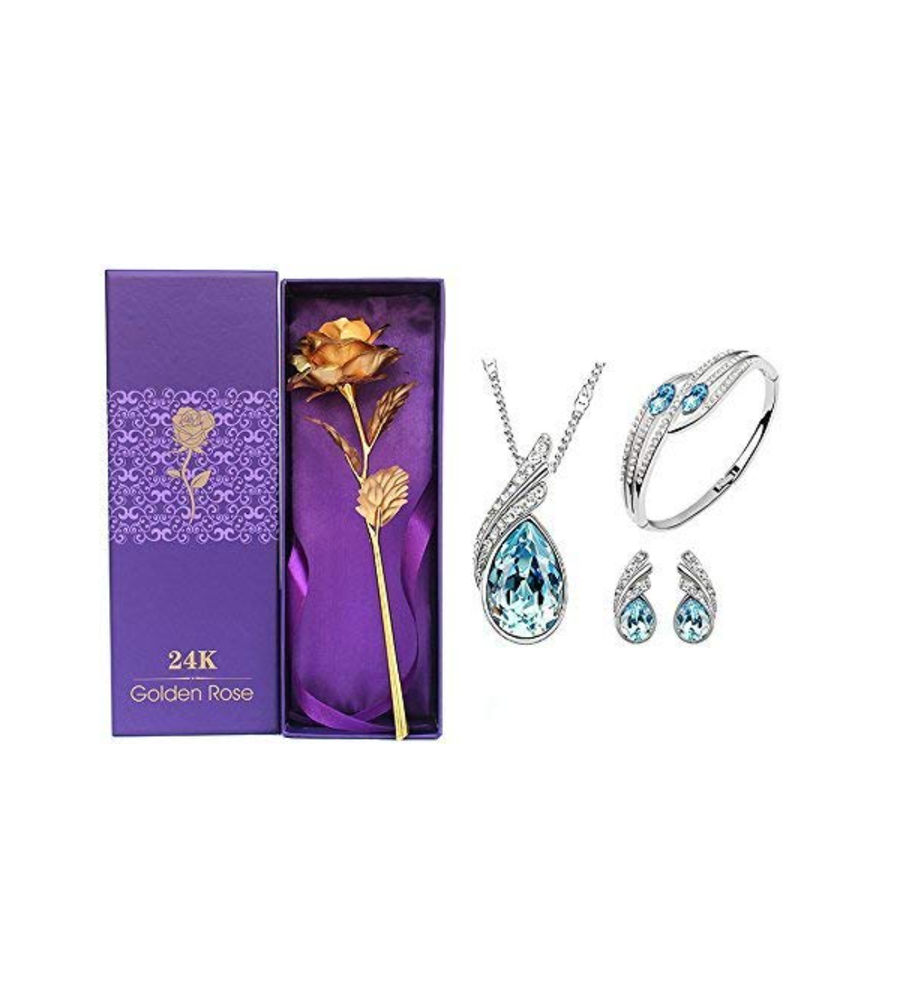 Valentine YouBella Jewellery Combo of Gold Plated Rose Flower,Crystal Pendant Necklace, Fancy Earrings and Bangle Bracelets for Girls and Women