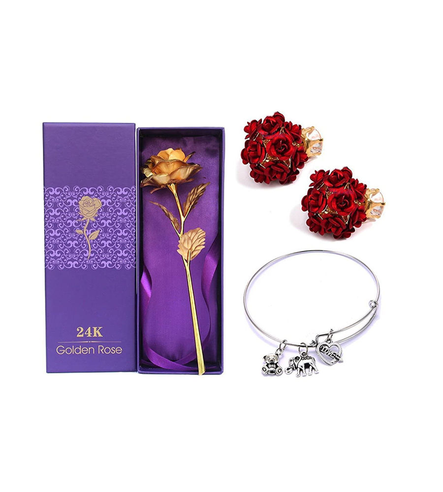 Valentine YouBella Jewellery Combo of Gold Plated Rose Flower,Stylish Floral Fancy Earrings for Girls and Women and Charm Bangle Bracelet for Girls/Women