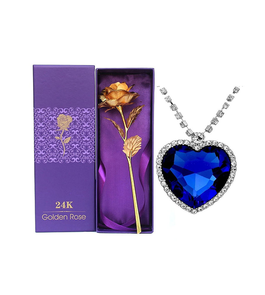 Valentine YouBella Jewellery Combo of Heart Crystal Pendant Necklace for Women and Girls and Gold Plated Rose Flower