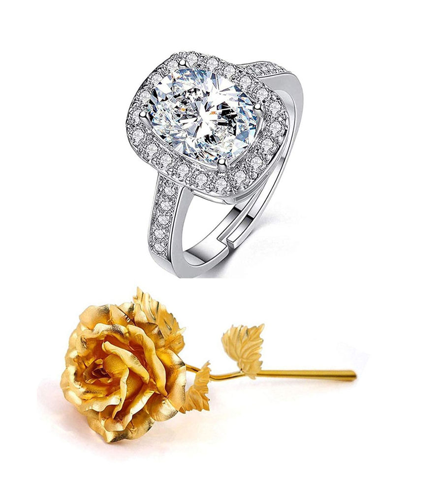 Valentine YouBella Jewellery Combo of Gold Plated Rose Flower and Solitaire Ring for Girls/Women