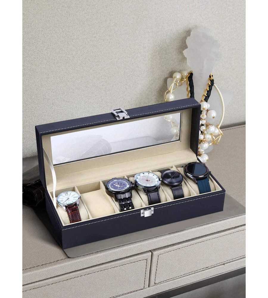 YouBella Jewellery and Watch Organiser Box Men's and Women's Watch Box Holder Organizer Case In 6 Slots of watches In PU Leather (Black) (Watch_Box_1)